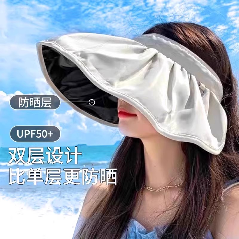 xx2025款防晒帽子女夏季大帽檐遮脸草编沙滩黑胶空顶太阳帽ui