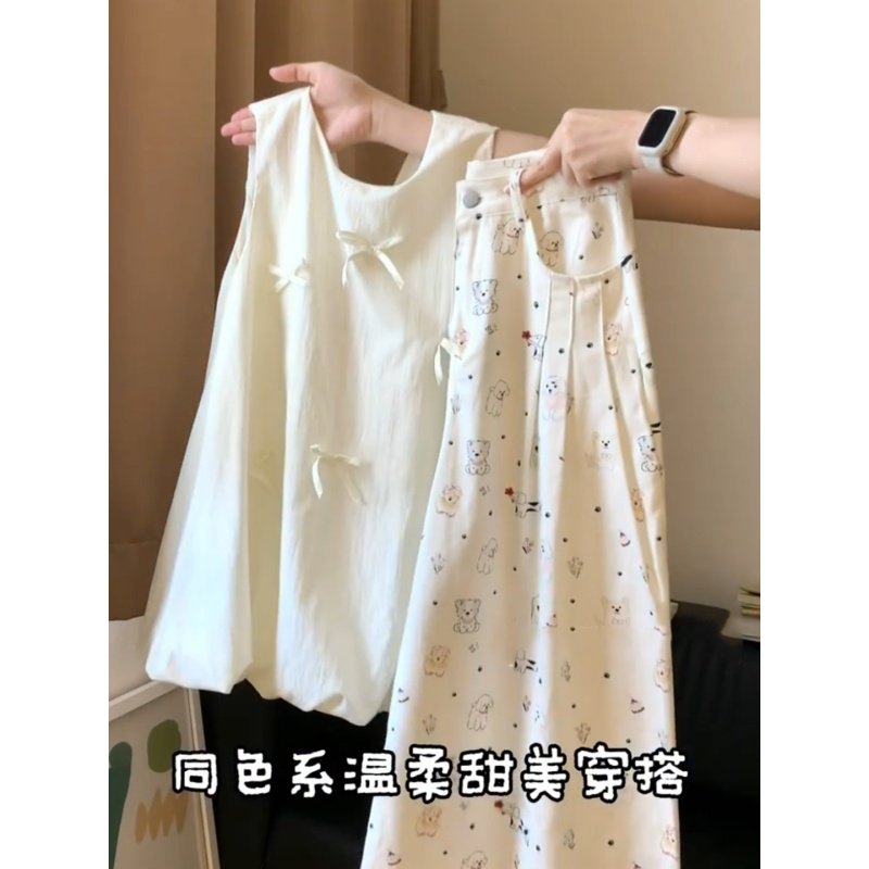 高街vibe复古小狗印花牛仔裤女夏季新款学生百搭宽松显瘦阔腿长裤