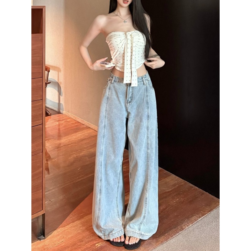 美式辣妹浅色阔腿牛仔裤女夏季2025年新款宽松显瘦高腰直筒拖地裤