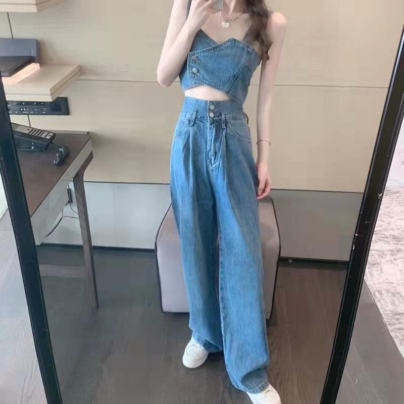 牛仔套装胸短款件小吊带背心抹上衣SEX女+高腰阔腿拖地长裤两套