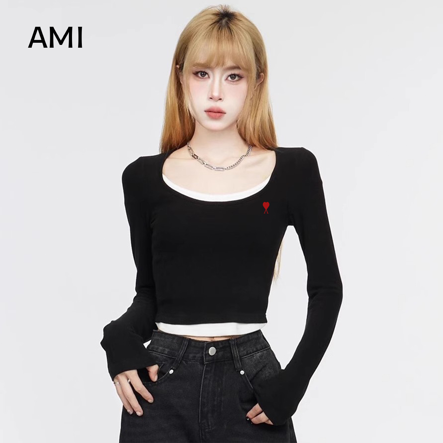 AMI美式黑色设计感假两件