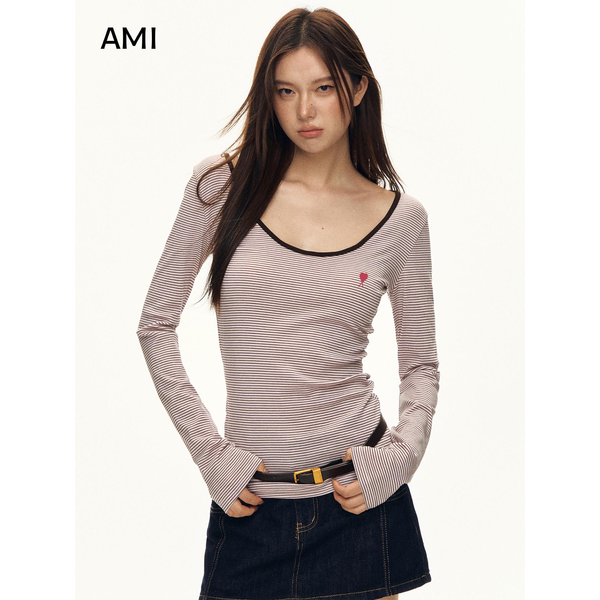 AMI美式条纹u领长袖T恤女