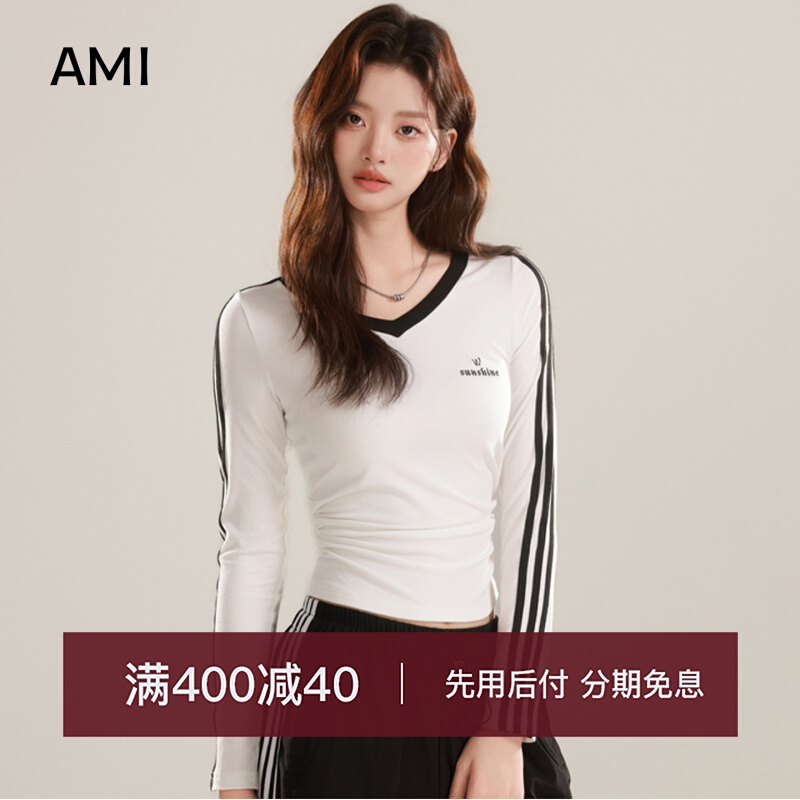 AMI美式辣妹白色V领长袖T