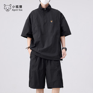 英国小狐狸冰丝凉感防晒休闲运动套装机能上衣时尚T恤短袖男夏季
