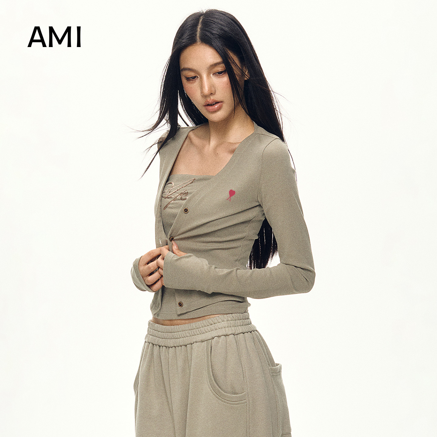 AMI美式复古军绿色开衫长