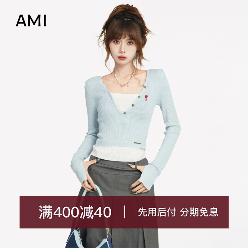 AMI美式蓝色假两件V领长袖