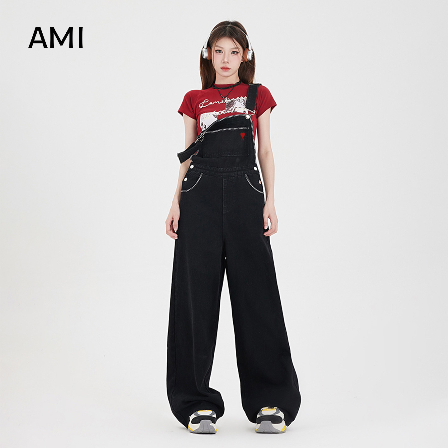 AMI美式链条黑色牛仔背带裤女春秋新款宽松显瘦直筒阔腿连体长裤