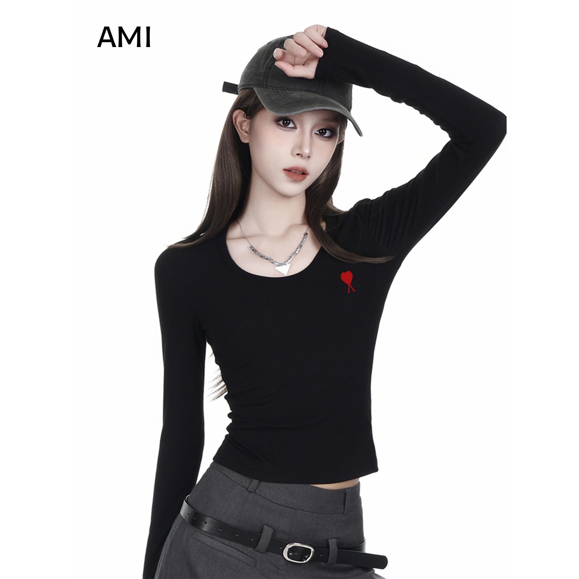 AMI美式黑色正肩长袖t恤女