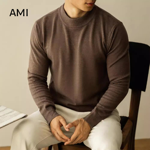 秋简约轻熟风圆领打底衫 AMI纯色舒适休闲长袖 男士 修身 毛衣 针织衫