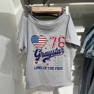 韩国东大门bf风女装26夏季新款USA印花一字领露肩短袖t恤上衣567