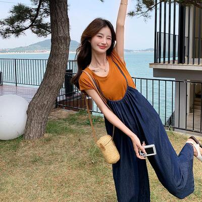 实拍牛仔吊带连体裤套装女夏季2025新款时尚短袖T恤阔腿裤两件套