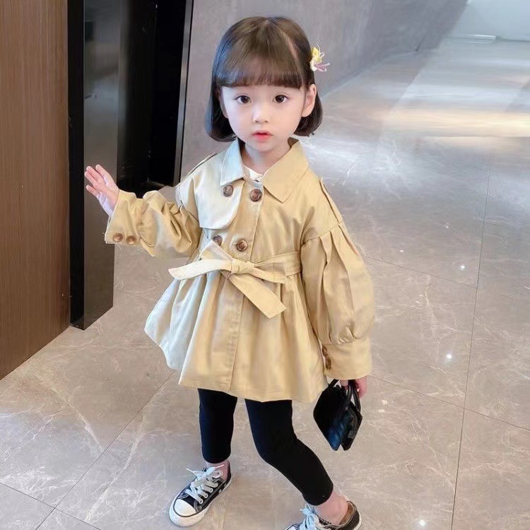 2025年春季新款中小童风衣外套韩版女童双排扣腰带外贸批发秋童装