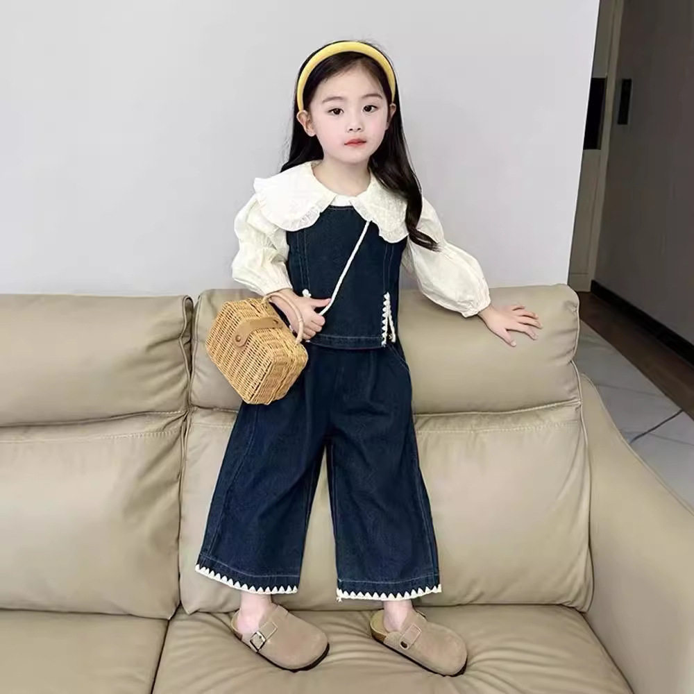 女童秋季荷叶边衬衫女宝韩版洋气时髦牛仔两件套儿童运动套装童装