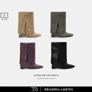 复古定制diy线条坡跟中筒靴女士冬款 Cihi BOOTS HIGH 套筒靴 CALF