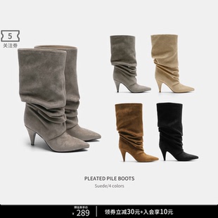 BOOTS 定制线条堆堆靴中筒粗高跟尖头褶皱靴子气质 PILE Cihi