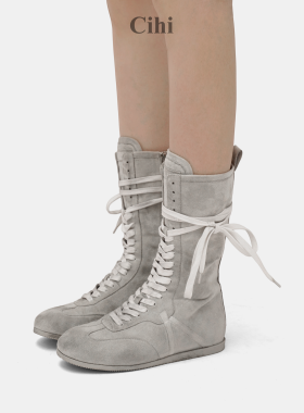 Cihi设计'Yolo' 做旧复古 内增高绑带帆布马丁靴早秋拳击短靴女款