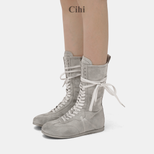 Cihi设计'Yolo' 做旧复古 内增高绑带帆布马丁靴早秋拳击短靴女款