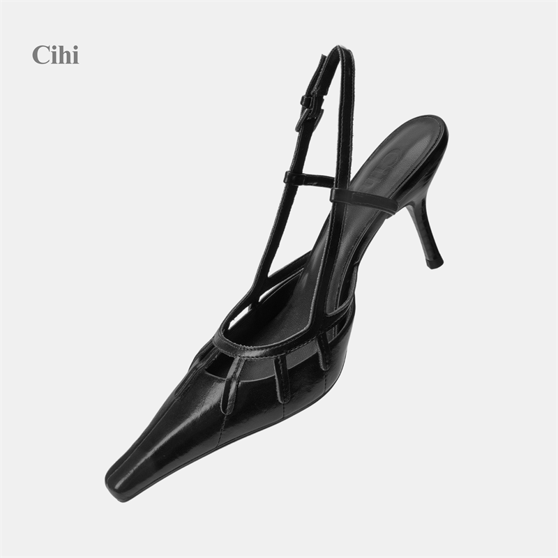 Cihi立体织带镂空尖头后空高跟