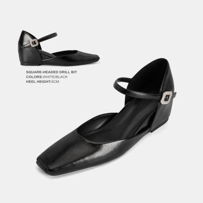 Cihi利落方头线条 侧空设计一字带玛丽珍坡跟单鞋