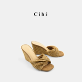 Cihi设计retro复古编织露趾 度假坡跟凉拖鞋