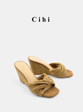 Cihi设计retro复古编织露趾 度假坡跟凉拖鞋