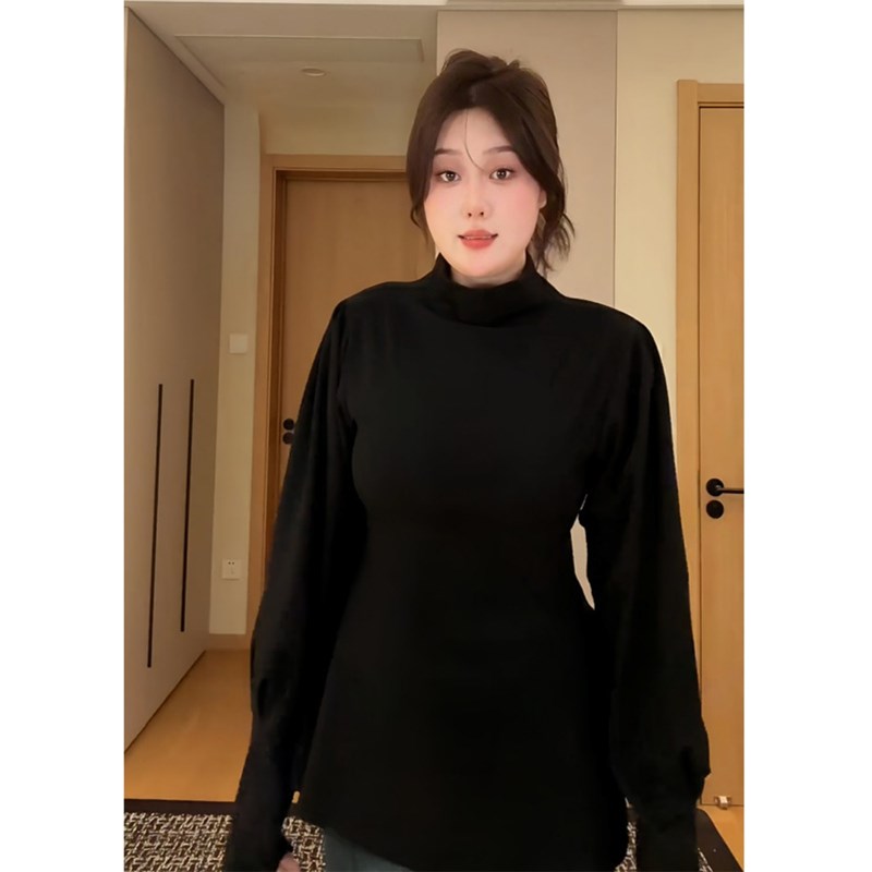 大码胖妹妹百搭黑色半高领长袖T恤女春季收腰遮肉显瘦打底衫上衣