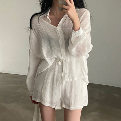 时尚套装女宽松长袖薄款防晒衬衫上衣夏季高腰阔腿休闲短裤两件套