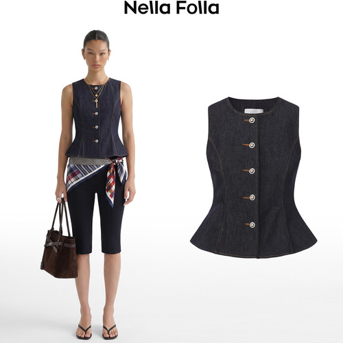 NellaFolla牛仔马甲女收腰银扣