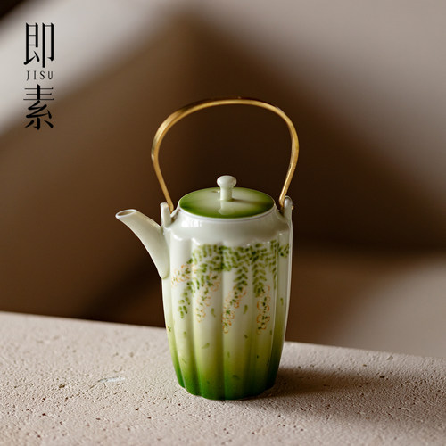 即素 釉下粉彩紫藤铜提梁茶壶高颜值家用泡茶壶仙女功夫茶具单壶