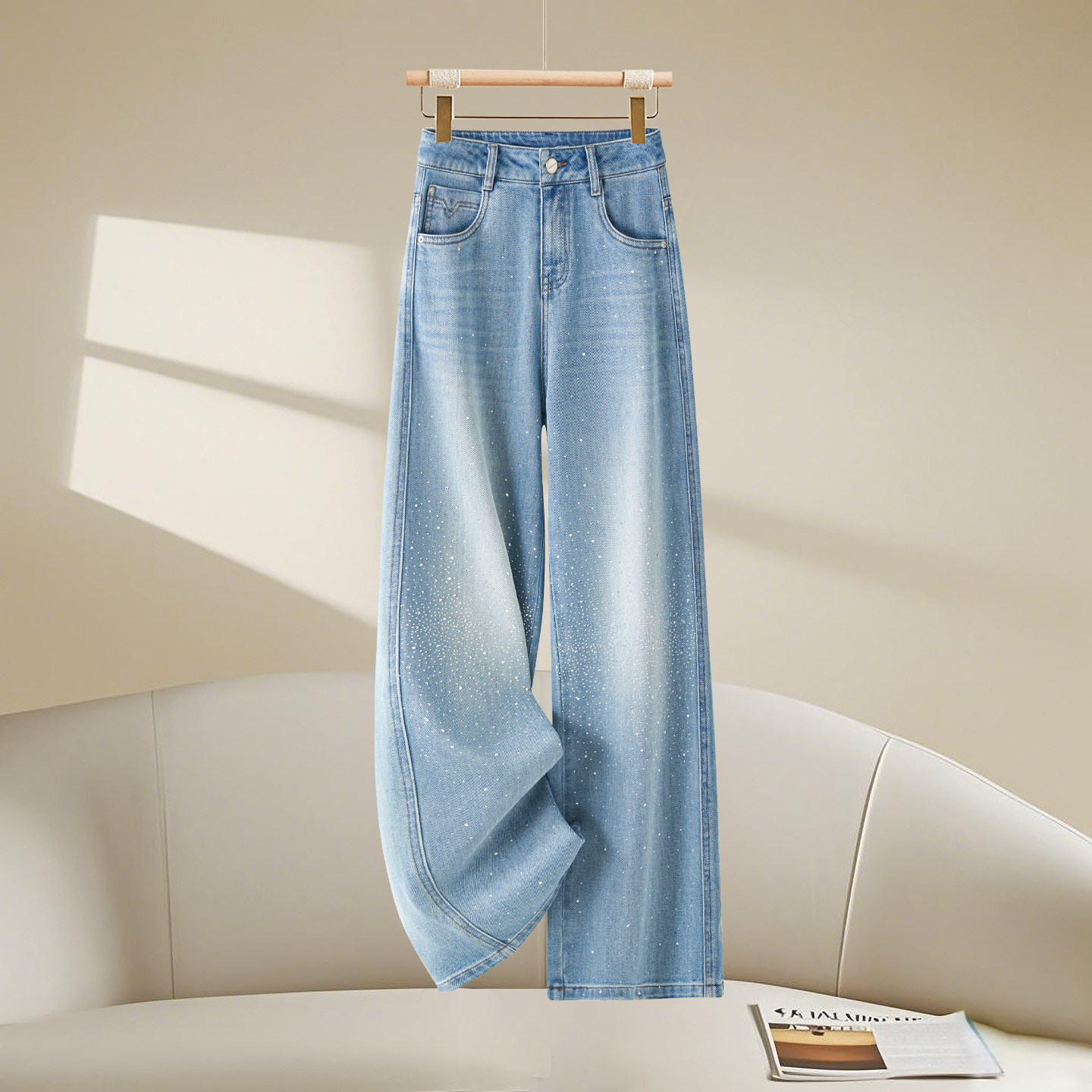 春秋窄版阔腿牛仔裤子女新款高腰时尚休闲烫钻宽松显瘦拖地长裤,女装/女士精品,牛仔裤,淘宝优惠券,粉丝福利购,淘宝优惠卷