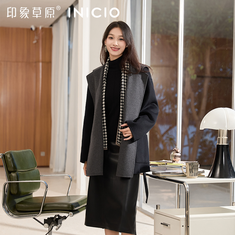 印象草原秋冬翻领毛呢大衣女中长