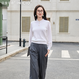 印象草原春季新品白色立领纽扣针织衫女百搭气质羊毛衫长袖上衣