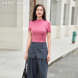 印象草原春季半高领短袖针织衫女修身简约气质短袖上衣纯色