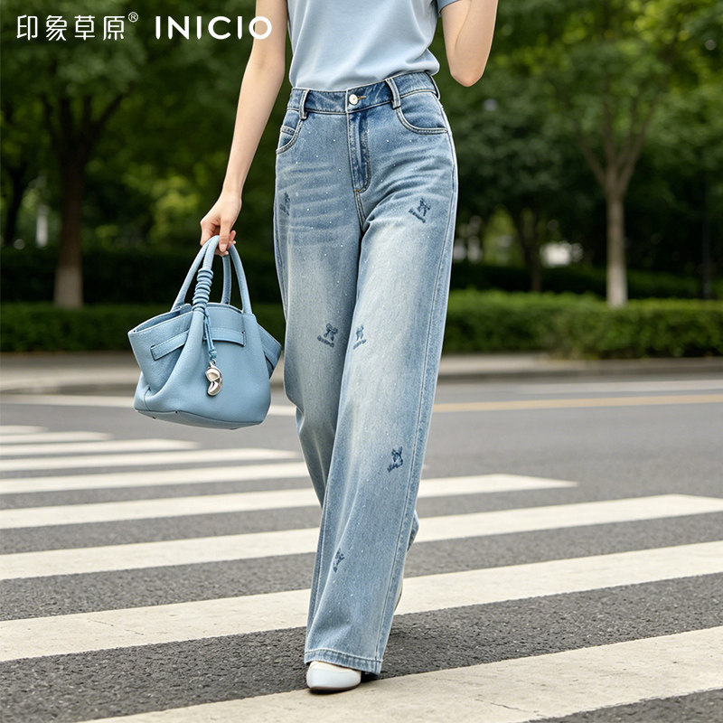 印象草原蝴蝶结刺绣牛仔裤女夏季薄款阔腿裤直筒裤浅色牛仔
