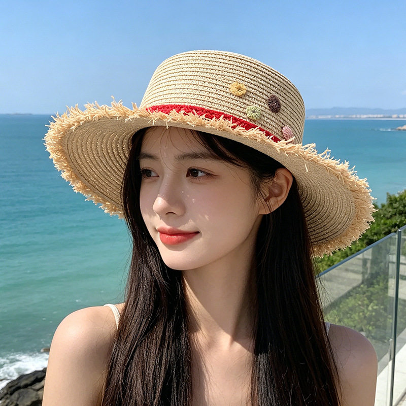 平顶草帽女夏季海边防晒沙滩度假帽子