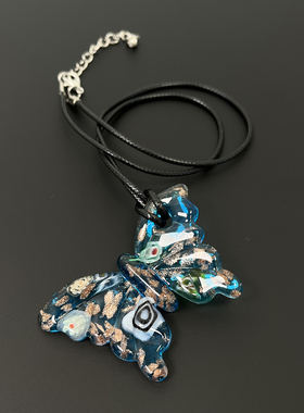 Vintage古着 Blue glazed butterfly necklace项链