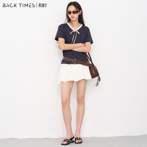 初时 BACK TIMES｜夏撞色腰头花苞短裙 抽绳高腰 A 字白色半身裙