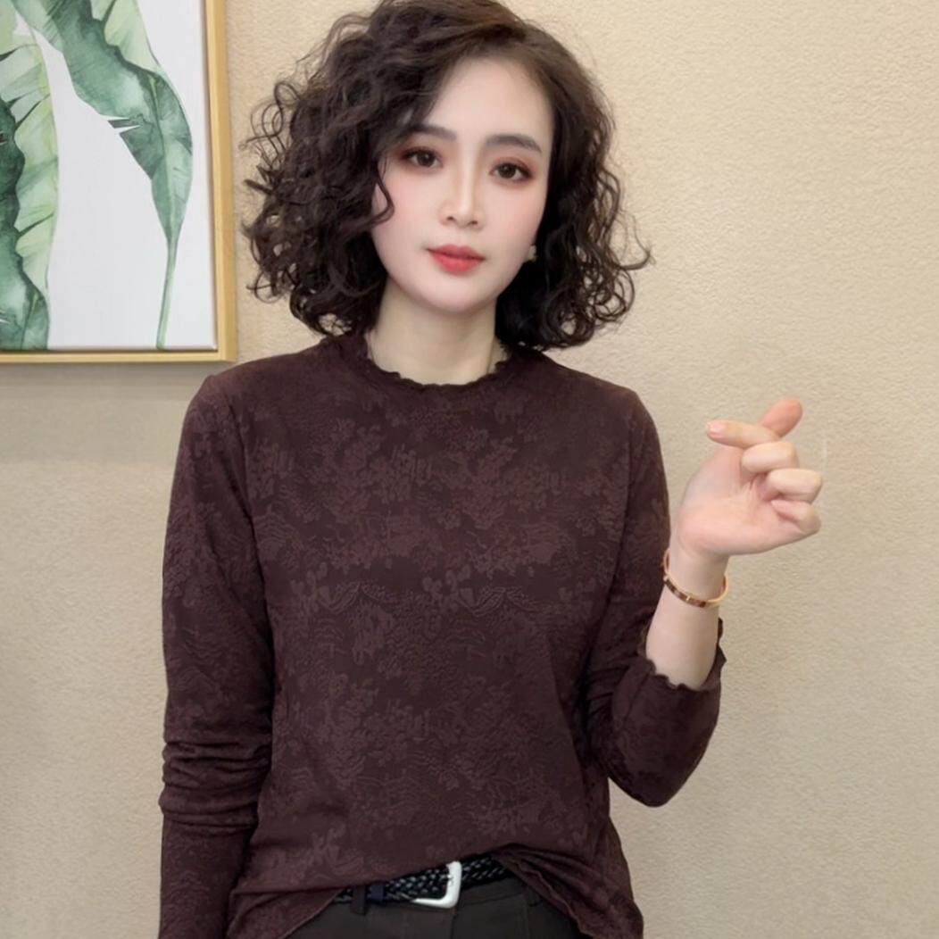 2026秋季时尚复古洋气女士长袖T恤显瘦百搭荷叶领打底衫女