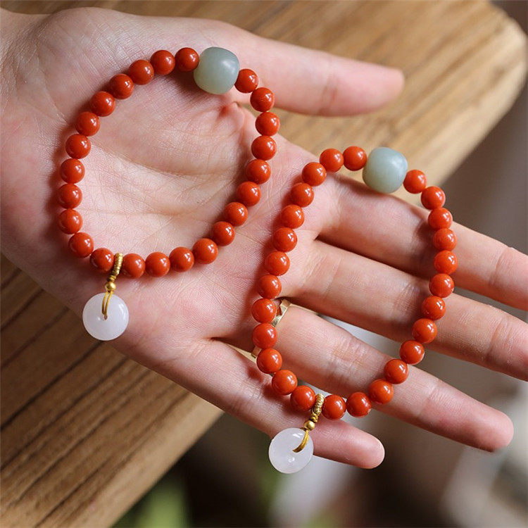 天然柿子红南红手串和田玉小平安