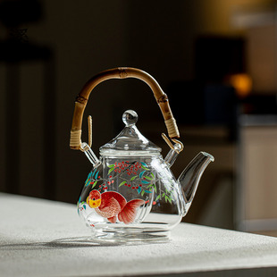 弥溪樱桃兰寿创意竹节壶家用高档泡茶壶女士提梁壶高硼硅玻璃茶具