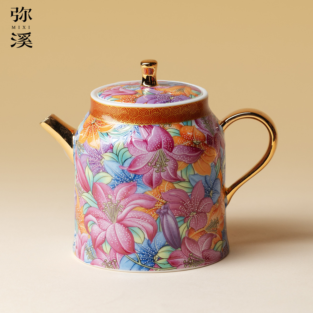 弥溪手工浮绘万花茶壶家用高档珐琅彩瑞韵壶球孔过滤大容量泡茶壶