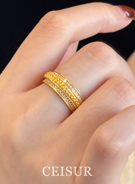 古法拉丝金色点钻麦穗宽面戒指女