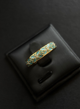 中古vintage渐变蓝花纹开口戒指