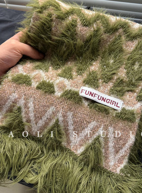 费尔岛风复古图腾绿色提花毛绒流苏围巾秋冬氛围感保暖护颈围脖女