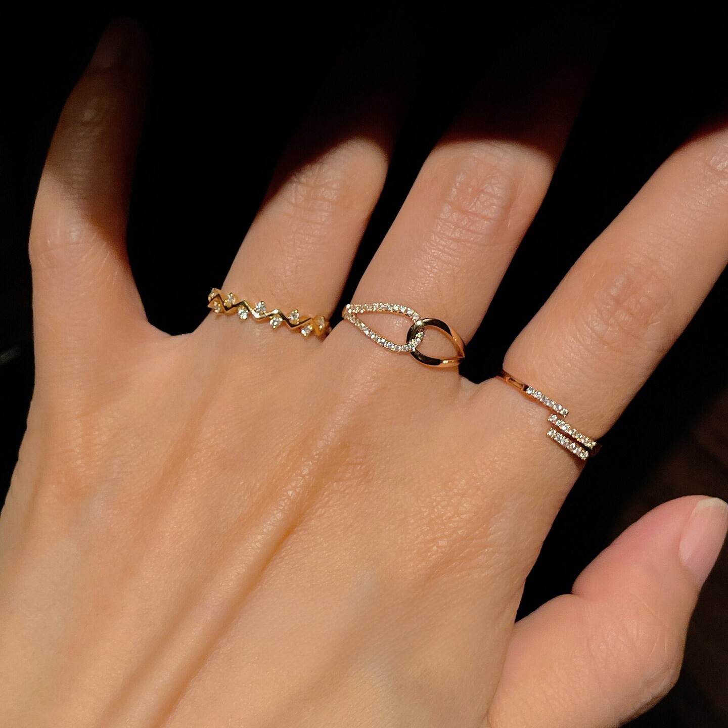 波浪仿碎钻金色极细戒指女款叠戴双环交叉食指戒百搭轻奢个性指环