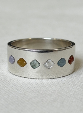 多巴胺彩色仿宝石宽版银色戒指女
