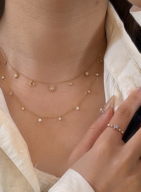 中古叠戴太阳花星月项链独特漂亮