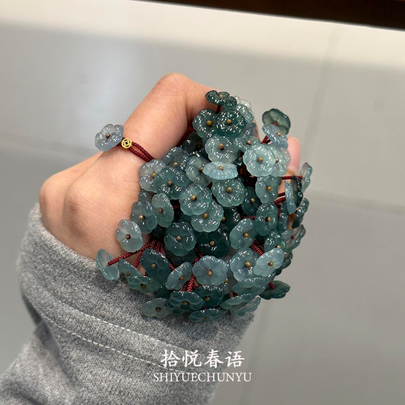 新中式蓝水和田玉有钱花戒指本命年红绳编织食指戒简约百搭国风女