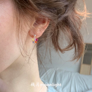 彩色锆石水滴串珠耳钉女夏日多巴胺甜美精致小众百搭耳饰耳钩配饰