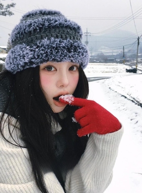 ins博主同款！灰色毛绒编织帽冬季毛线帽氛围感冷帽保暖针织帽女